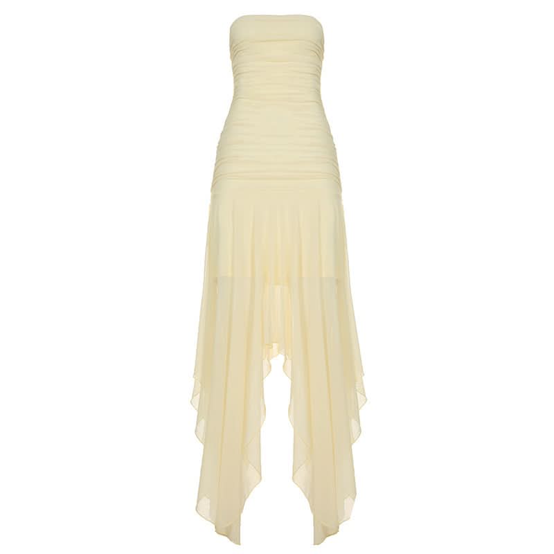 Aphrodite Ruched Backless Maxi Dress | Strapless High Slit Gown for Holiday & Resort