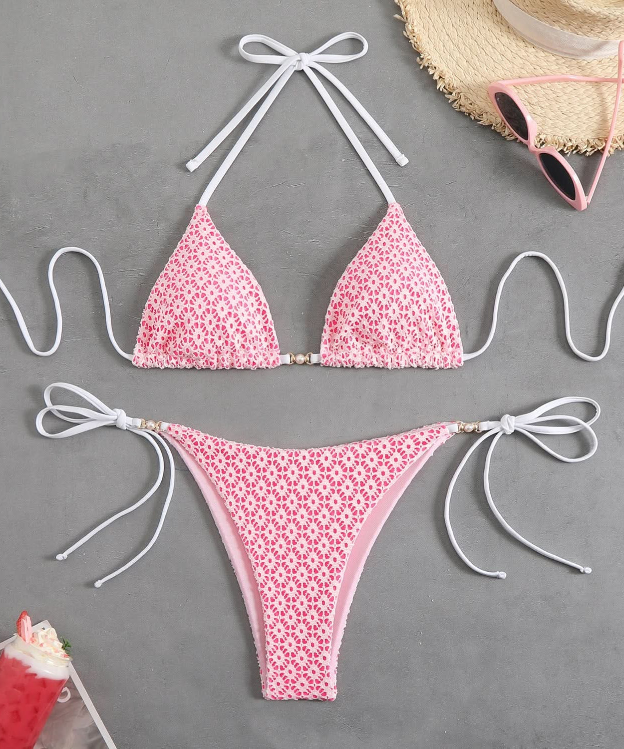 Chic White Lace-Inspired Halter Bikini Set - Your Essential for Tropical Vacations & Resort Escapes