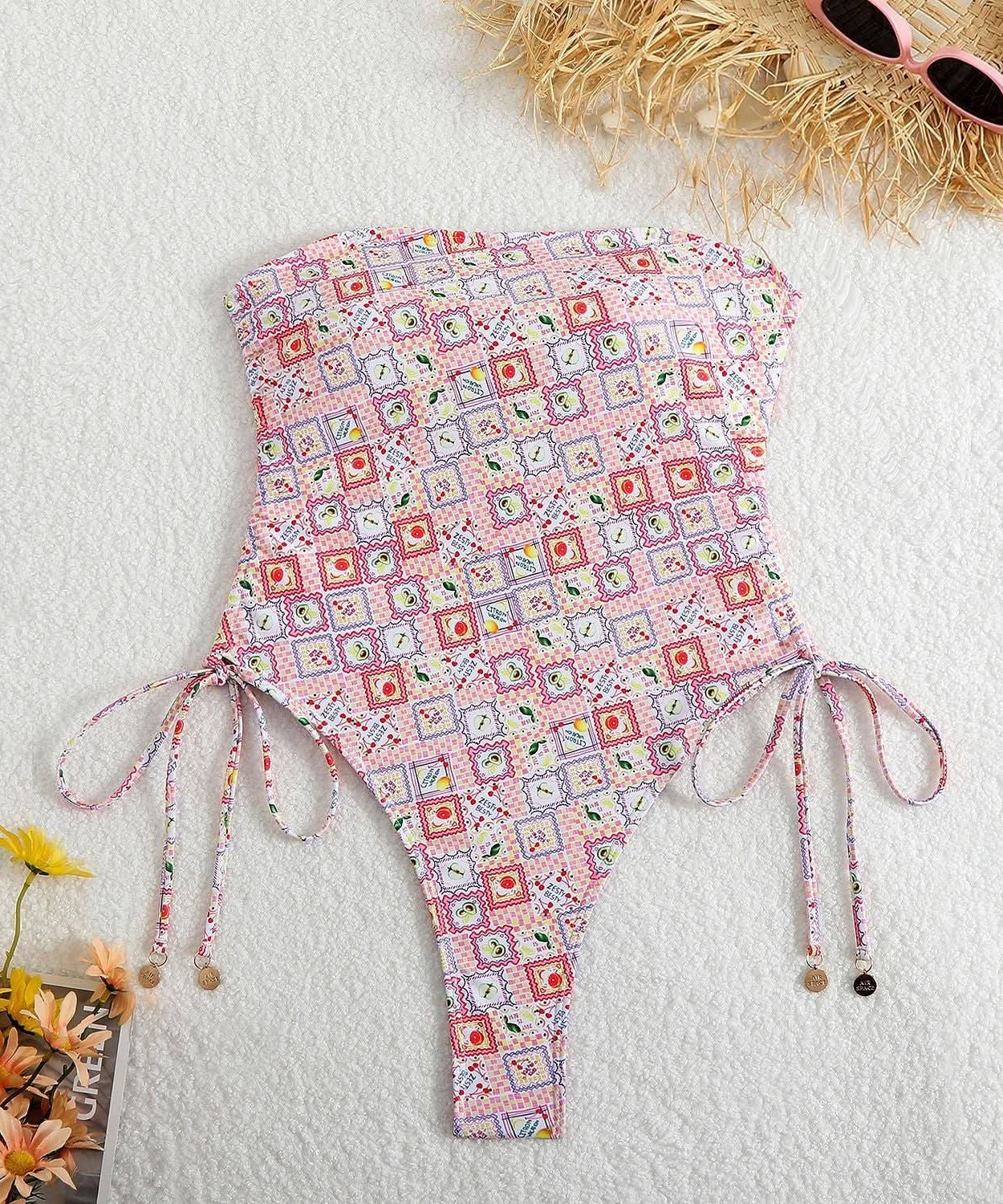 Dreaming of Sun? Chic Floral Strapless One-Piece Swimsuit with Adjustable Tie Sides - Your Perfect Winter Getaway Essential!