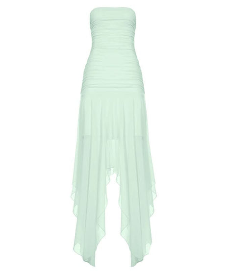 Aphrodite Ruched Backless Maxi Dress | Strapless High Slit Gown for Holiday & Resort