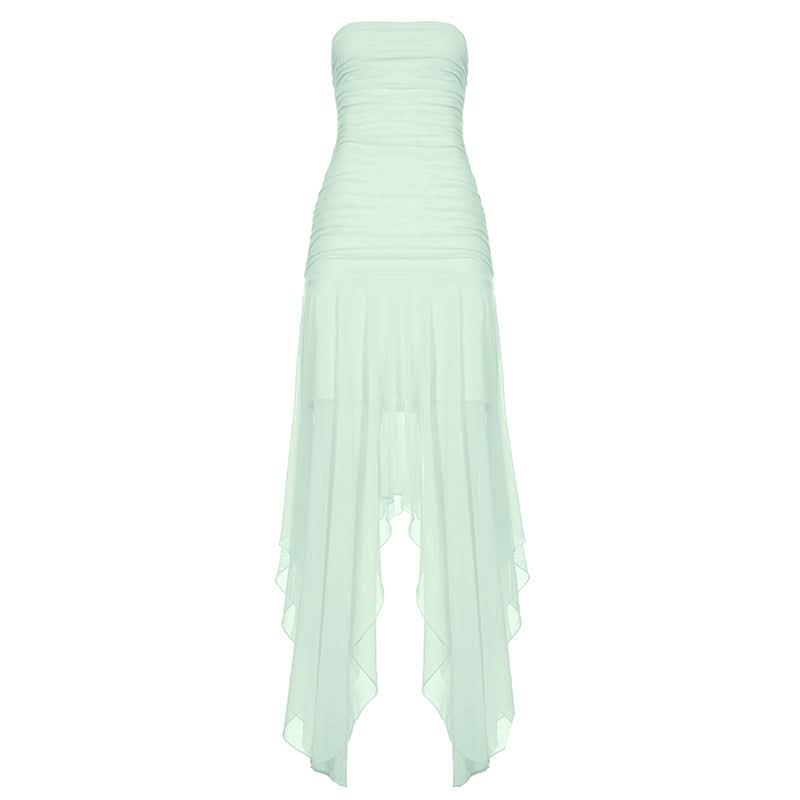 Aphrodite Ruched Backless Maxi Dress | Strapless High Slit Gown for Holiday & Resort