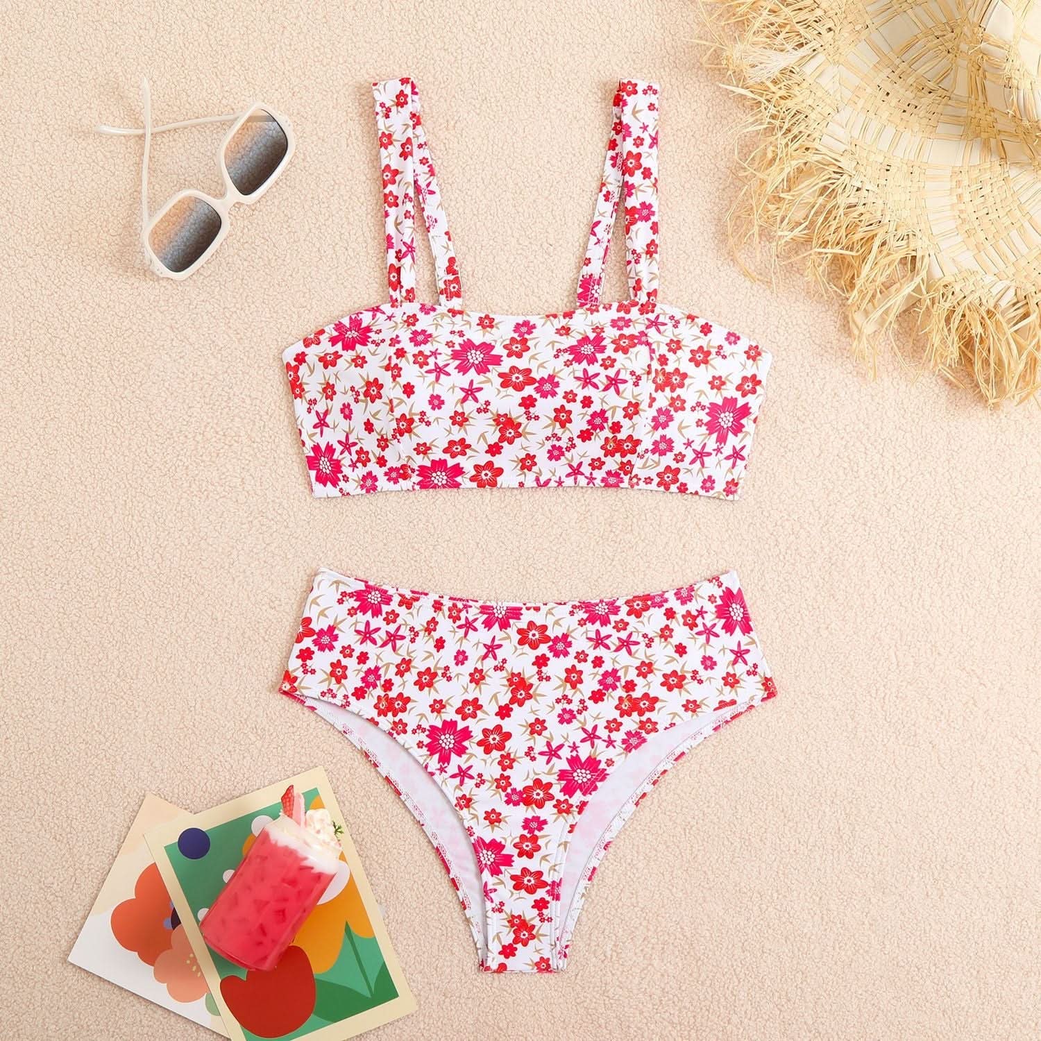 Radiant Floral High-Waisted Cami Bikini Set – Your Chic Escape for Fall Vacations & Resort Bliss