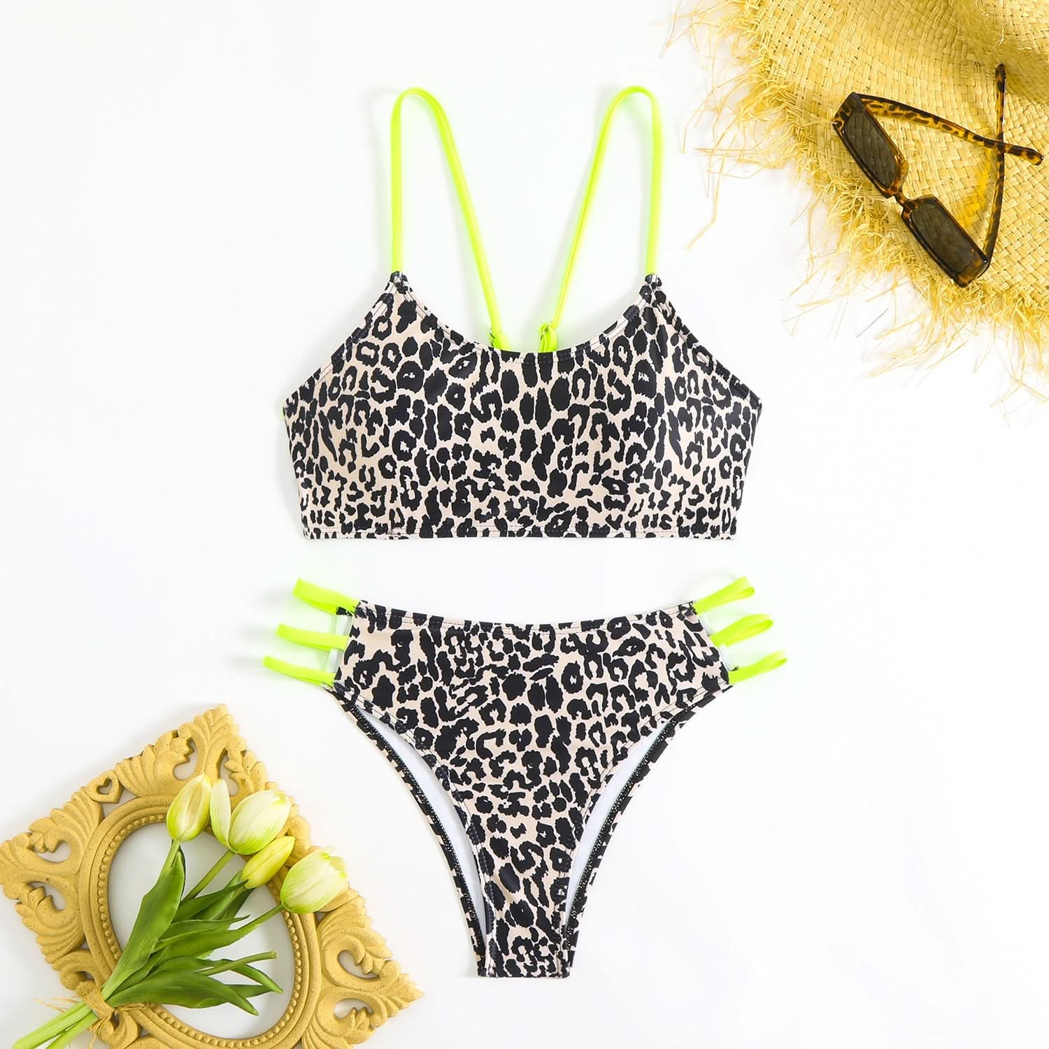 Wildly Chic Leopard Print Bikini Set - Strappy Cami Top & High-Cut Bottom | Vacation, Resort & Cruise Ready