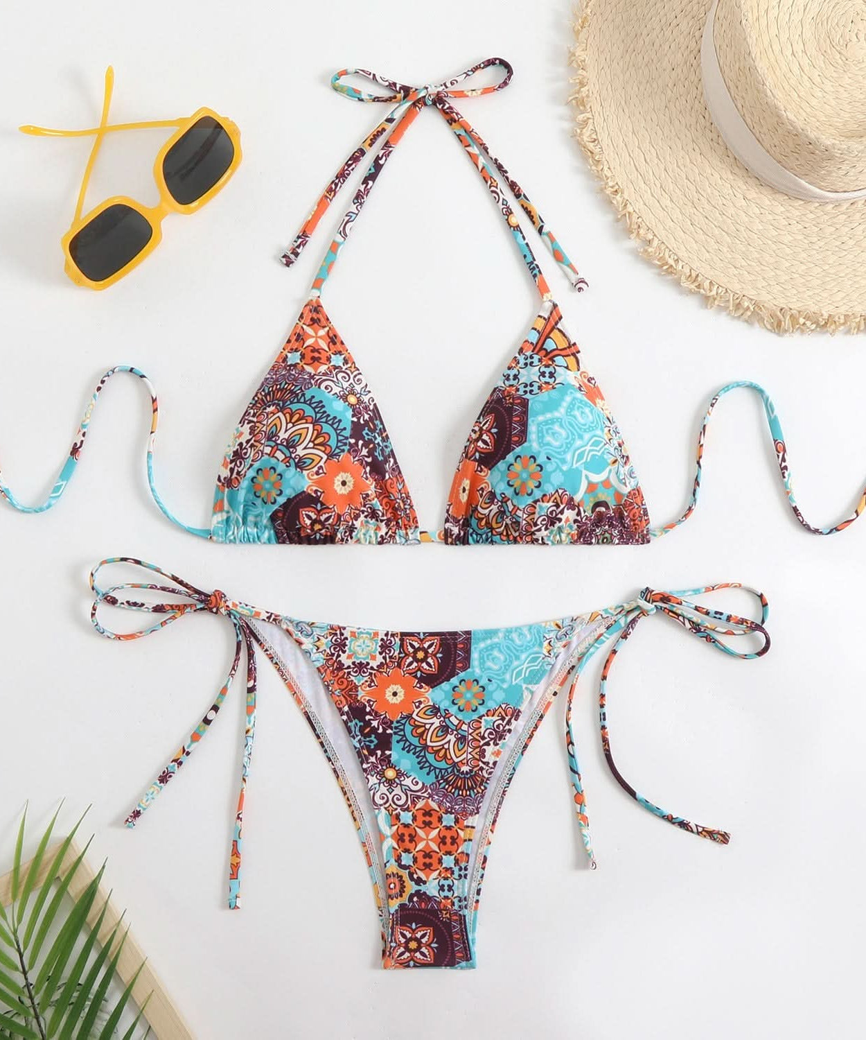 Flattering Bohemian Pink & Green Halter Bikini Set – Your Chic Resort & Vacation Essential