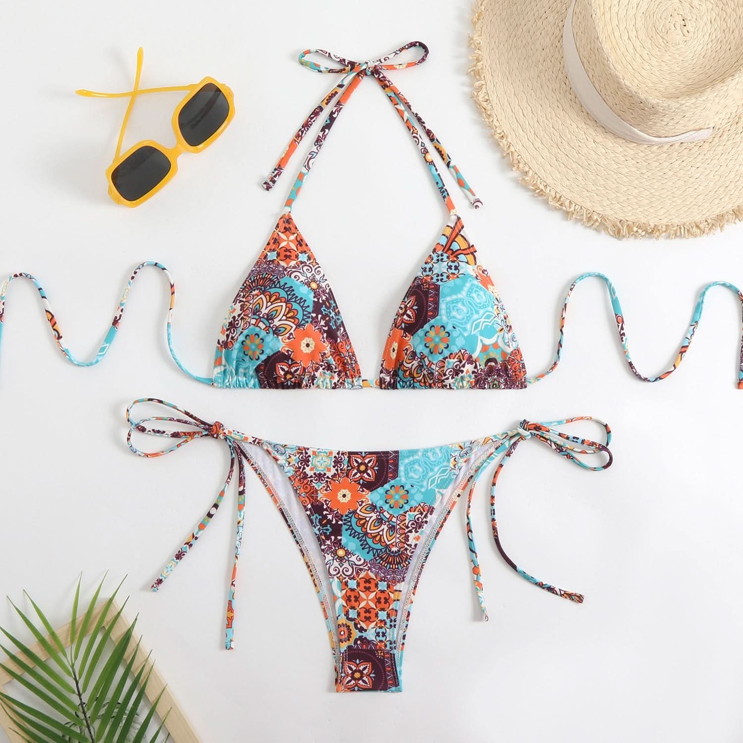 Flattering Bohemian Pink & Green Halter Bikini Set – Your Chic Resort & Vacation Essential
