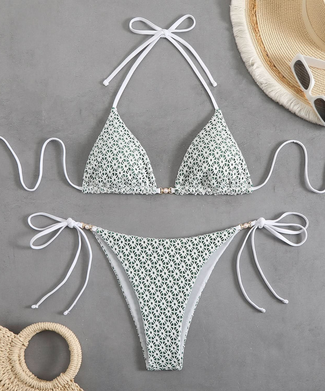 Chic White Lace-Inspired Halter Bikini Set - Your Essential for Tropical Vacations & Resort Escapes