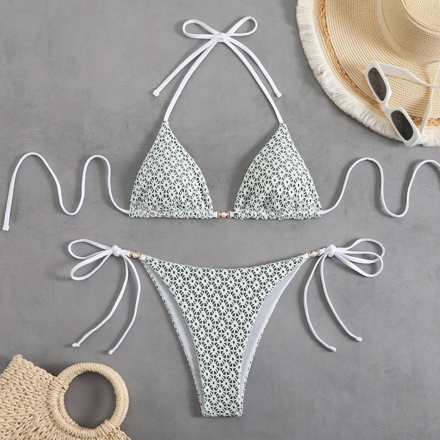 Chic White Lace-Inspired Halter Bikini Set - Your Essential for Tropical Vacations & Resort Escapes