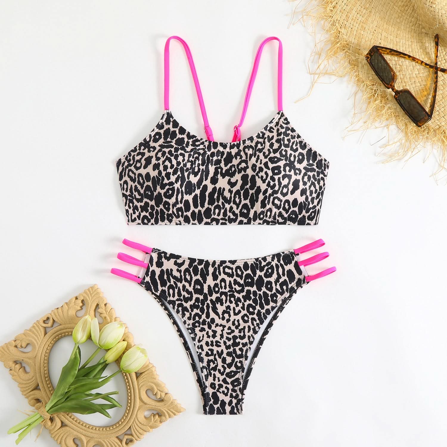 Wildly Chic Leopard Print Bikini Set - Strappy Cami Top & High-Cut Bottom | Vacation, Resort & Cruise Ready