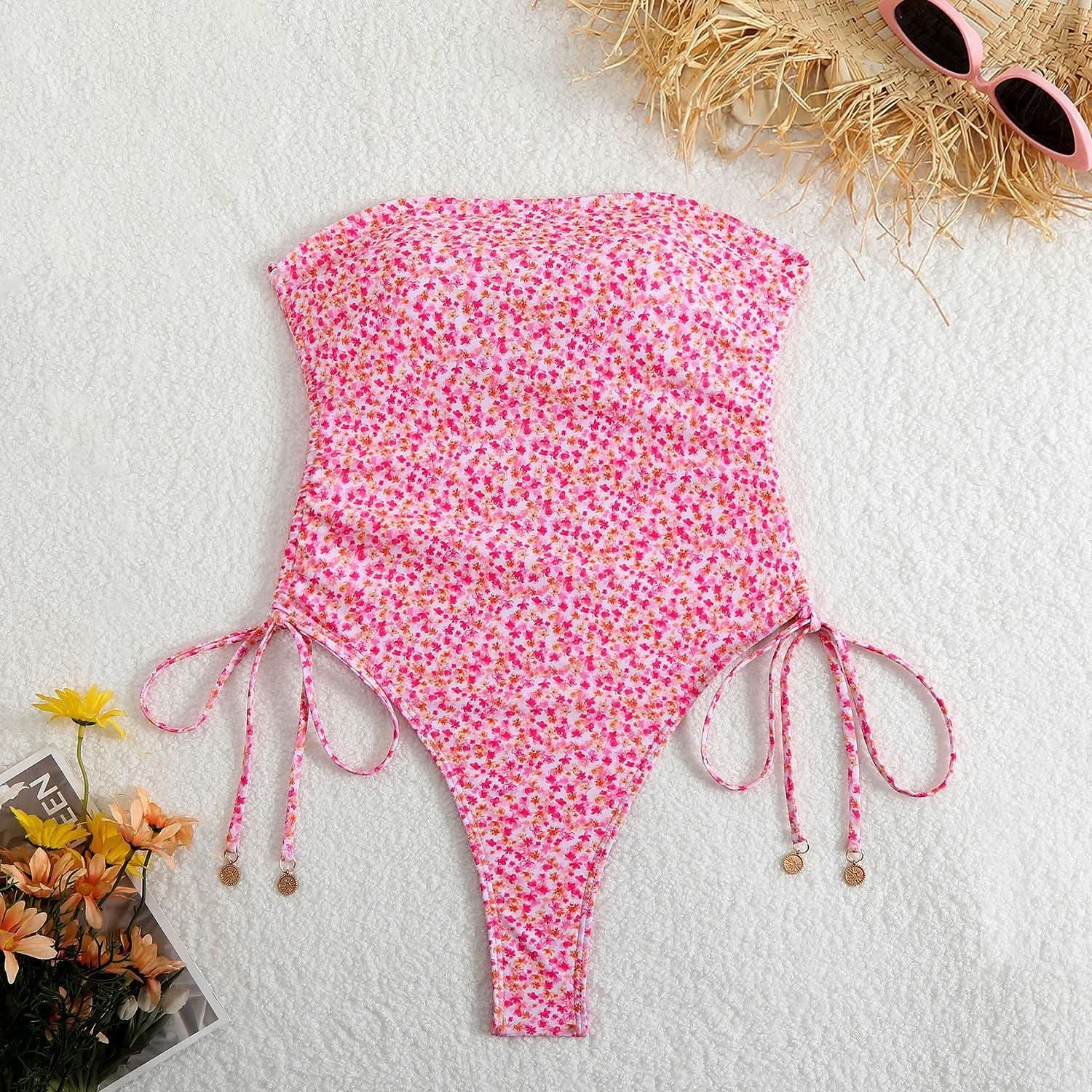 Dreaming of Sun? Chic Floral Strapless One-Piece Swimsuit with Adjustable Tie Sides - Your Perfect Winter Getaway Essential!