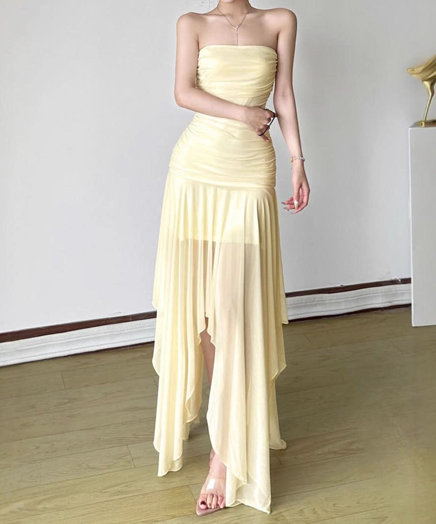 Aphrodite Ruched Backless Maxi Dress | Strapless High Slit Gown for Holiday & Resort