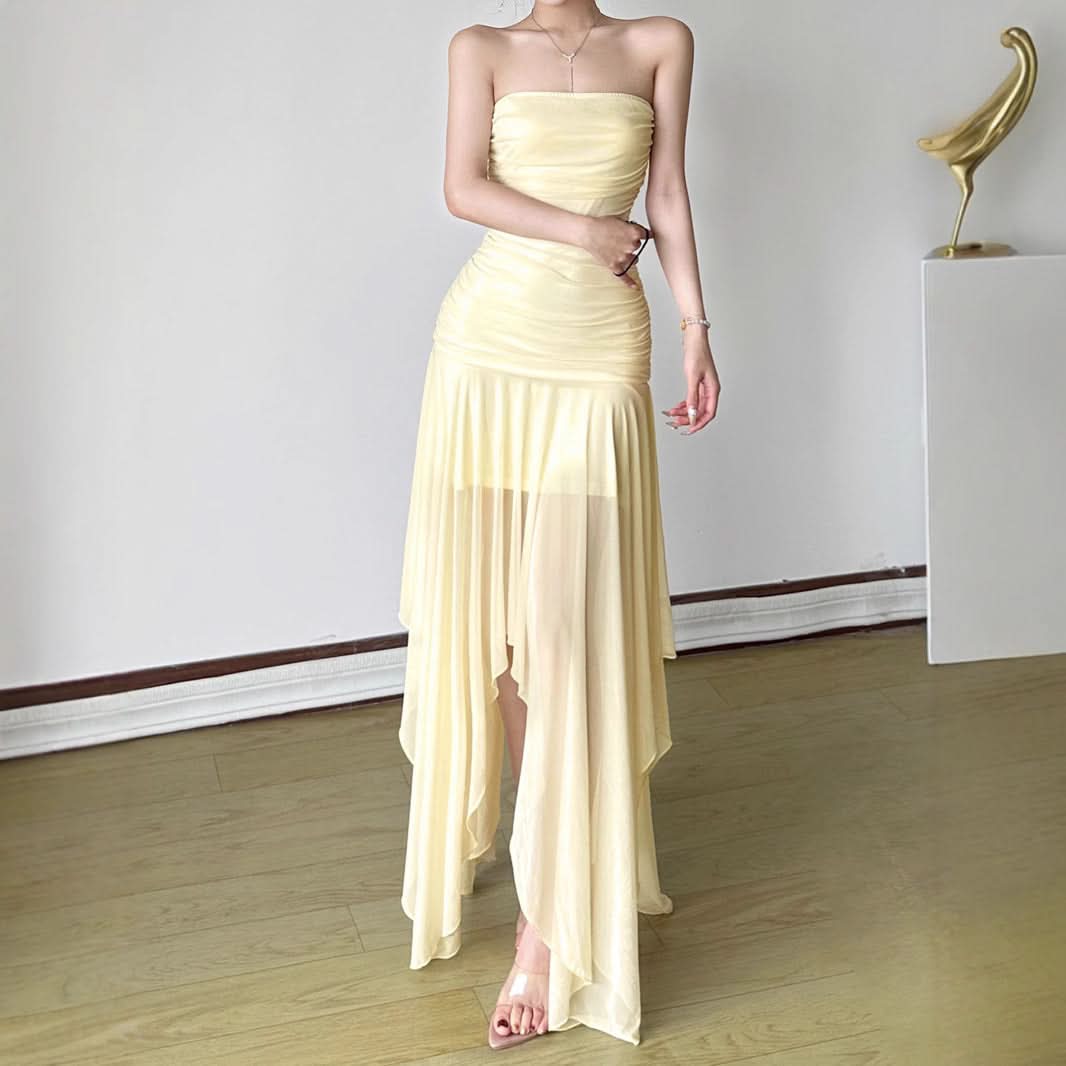 Aphrodite Ruched Backless Maxi Dress | Strapless High Slit Gown for Holiday & Resort