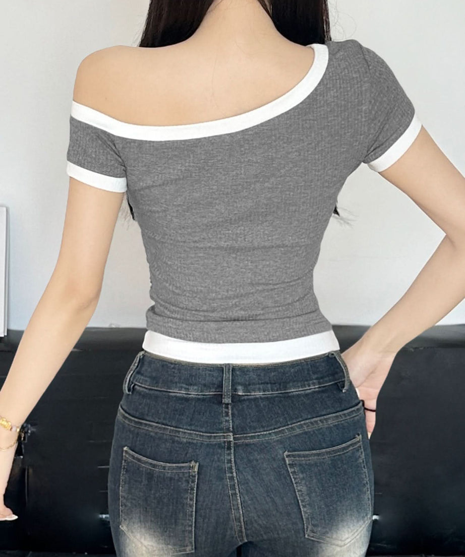 Effortless Chic Ribbed One-Shoulder Top for Fall | Asymmetric Short Sleeve Knit