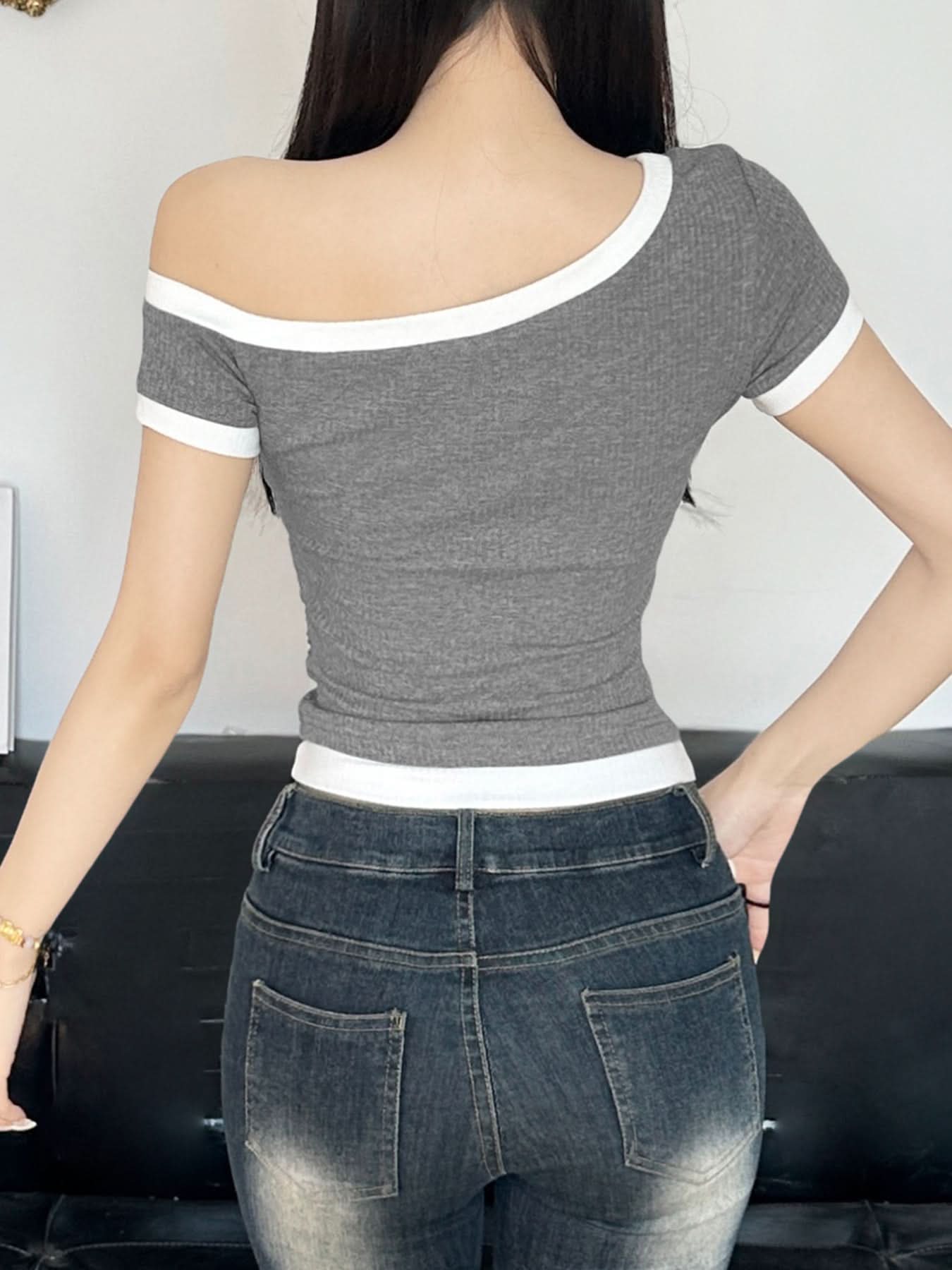 Effortless Chic Ribbed One-Shoulder Top for Fall | Asymmetric Short Sleeve Knit