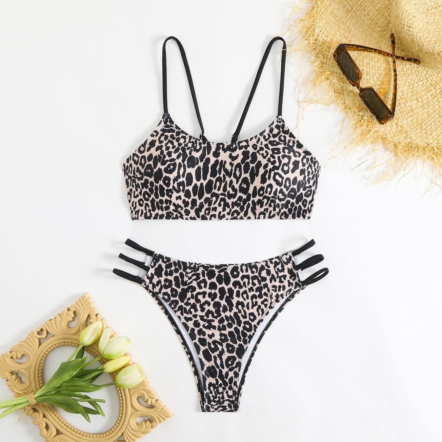 Wildly Chic Leopard Print Bikini Set - Strappy Cami Top & High-Cut Bottom | Vacation, Resort & Cruise Ready