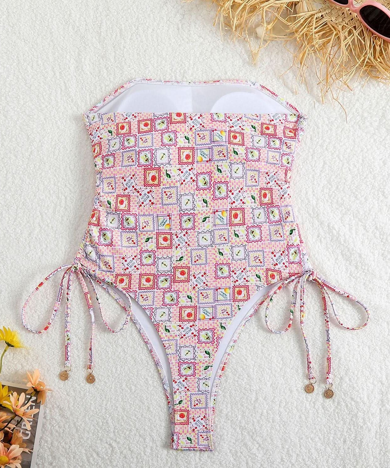 Dreaming of Sun? Chic Floral Strapless One-Piece Swimsuit with Adjustable Tie Sides - Your Perfect Winter Getaway Essential!