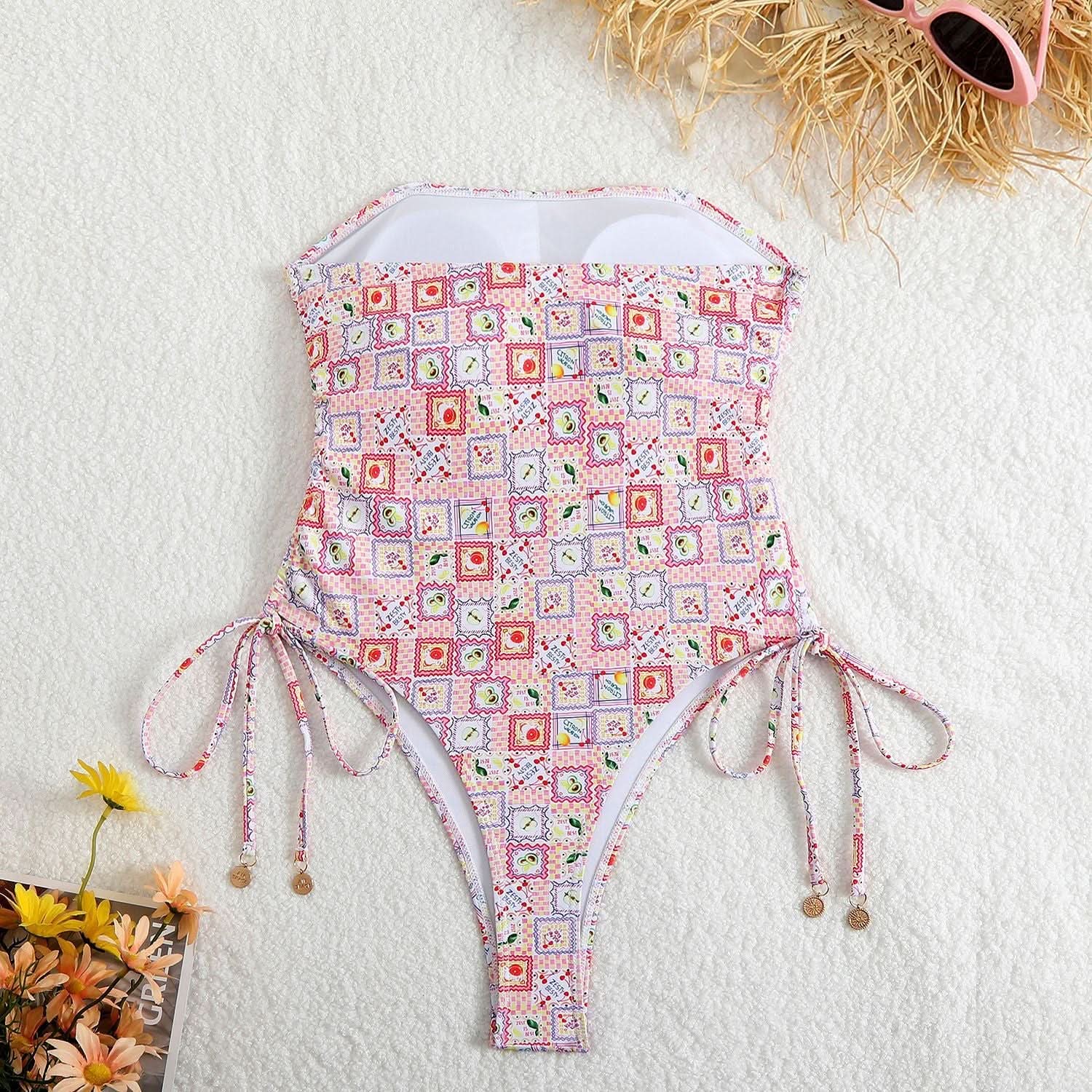 Dreaming of Sun? Chic Floral Strapless One-Piece Swimsuit with Adjustable Tie Sides - Your Perfect Winter Getaway Essential!