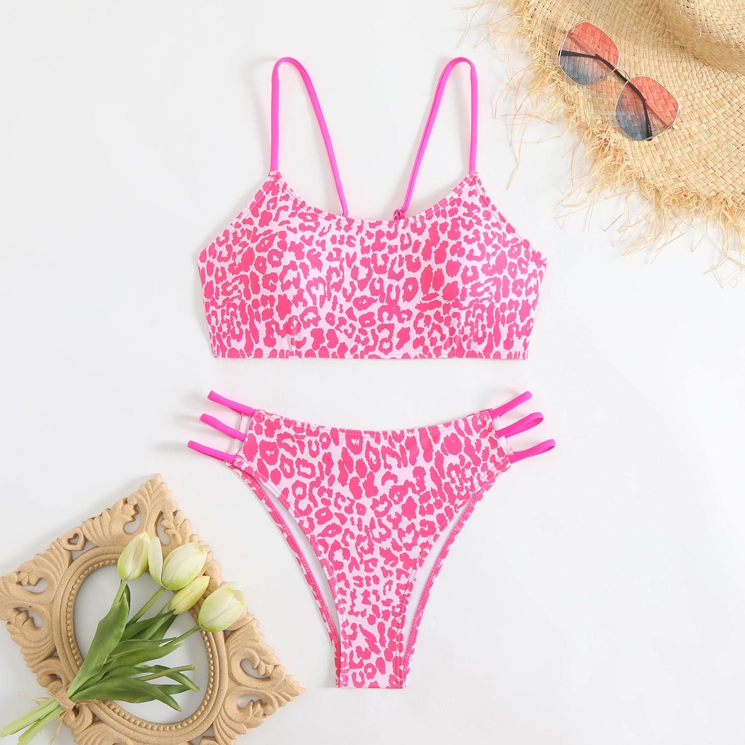 Wildly Chic Leopard Print Bikini Set - Strappy Cami Top & High-Cut Bottom | Vacation, Resort & Cruise Ready
