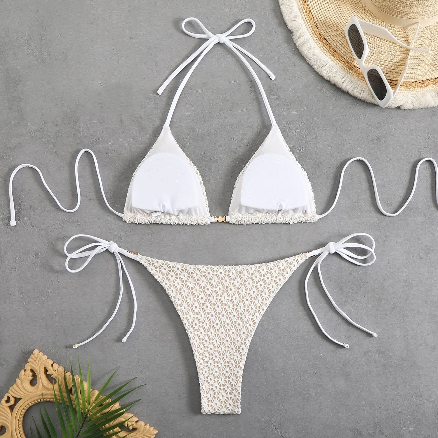 Chic White Lace-Inspired Halter Bikini Set - Your Essential for Tropical Vacations & Resort Escapes