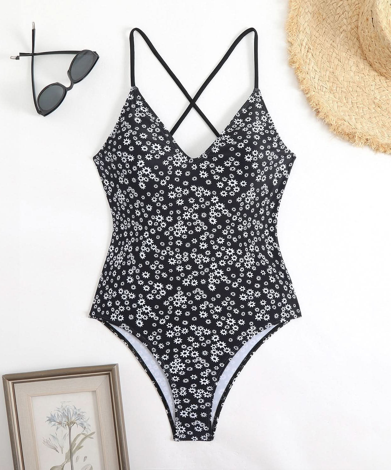 Flattering Black & White Ditsy Floral V-Neck Cross Back One Piece Swimsuit - Your Chic Resort & Vacation Essential