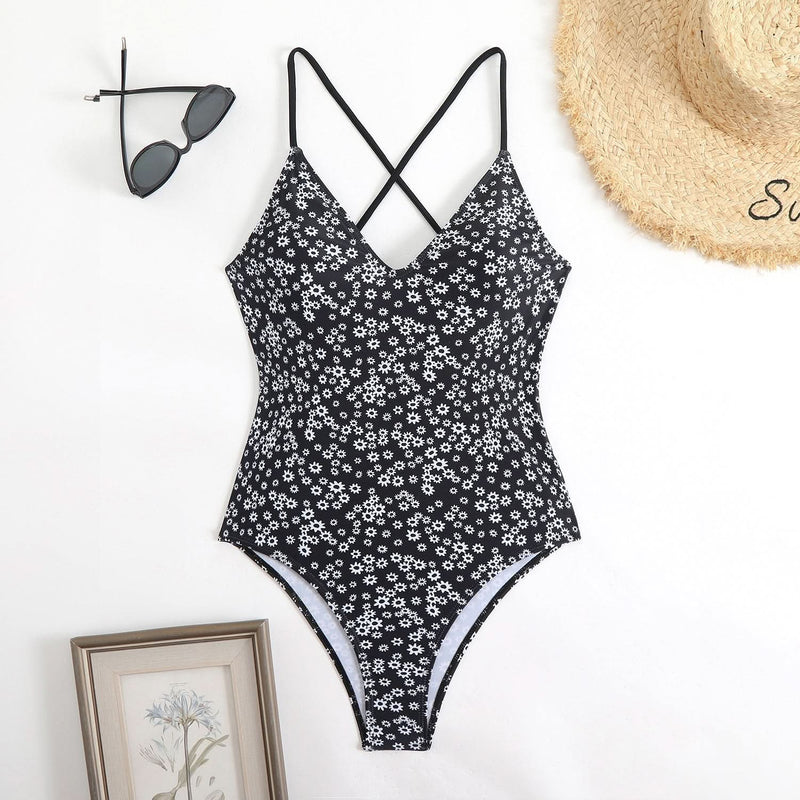 Flattering Black & White Ditsy Floral V-Neck Cross Back One Piece Swimsuit - Your Chic Resort & Vacation Essential