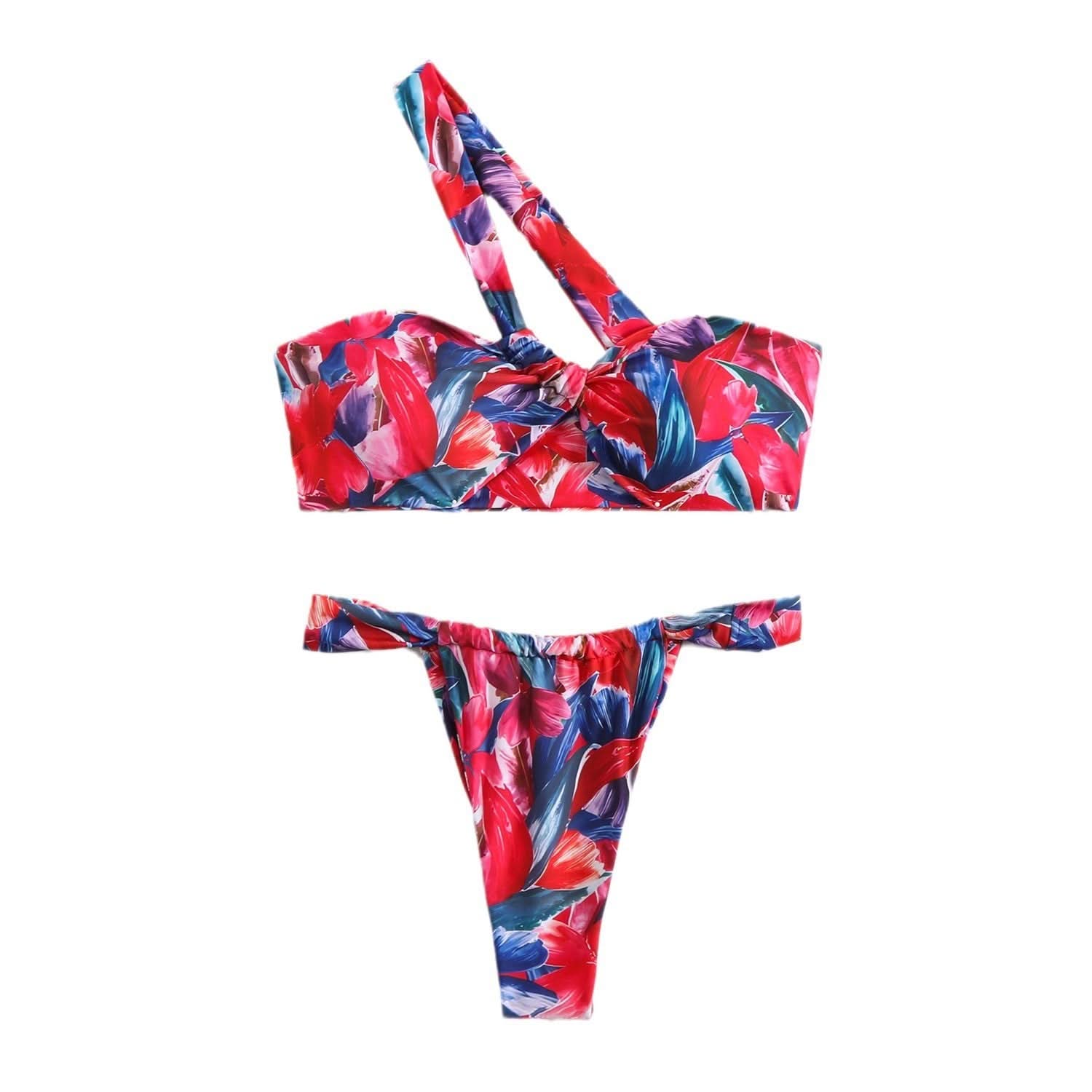 Vibrant Floral One-Shoulder Bikini Swimwear - Your Chic Resort & Vacation Essential
