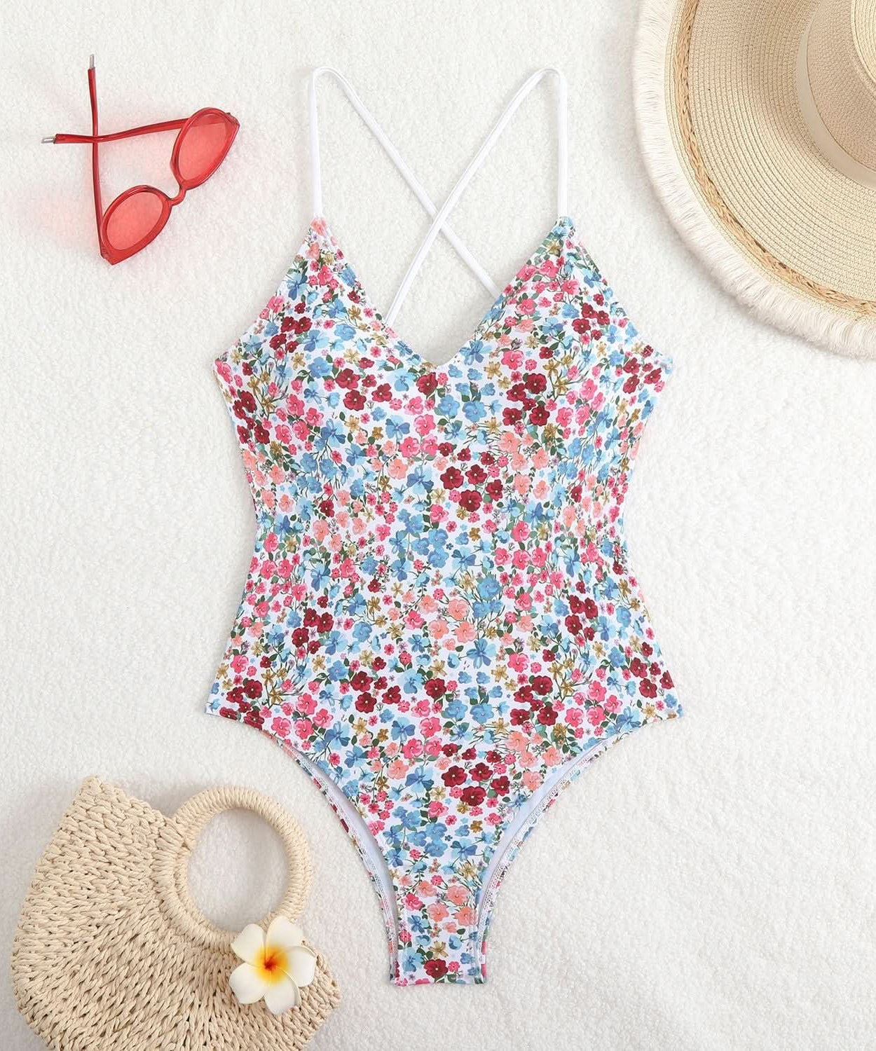 Flattering Black & White Ditsy Floral V-Neck Cross Back One Piece Swimsuit - Your Chic Resort & Vacation Essential