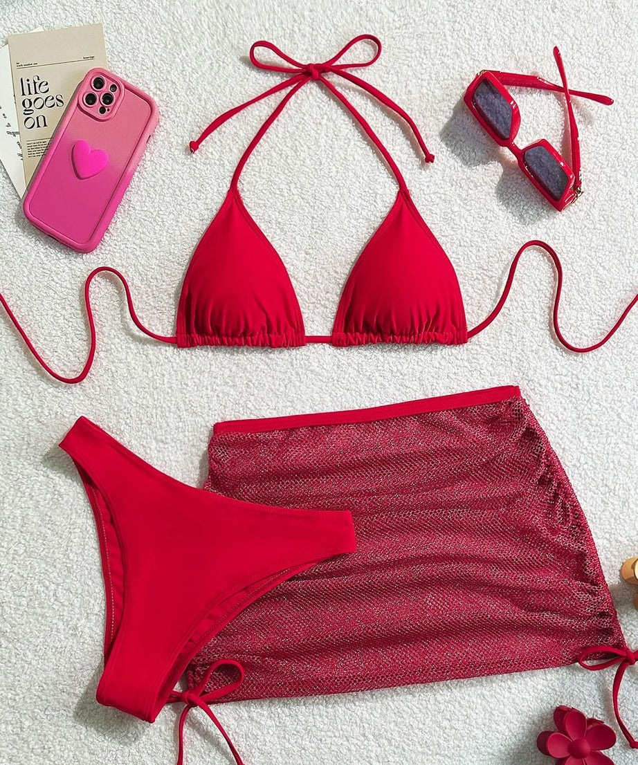 Tropical Escape Essential: Glam Red Halter Bikini & Sheer Ruched Skirt 3-Piece Swimwear Set