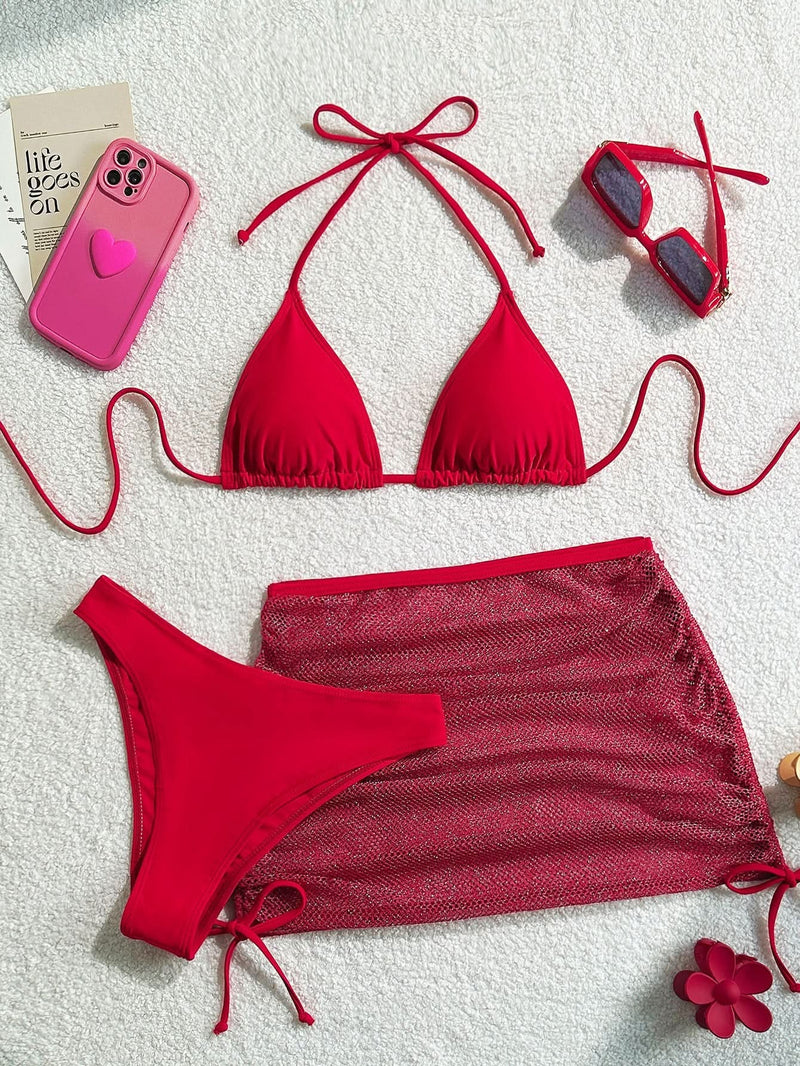 Tropical Escape Essential: Glam Red Halter Bikini & Sheer Ruched Skirt 3-Piece Swimwear Set