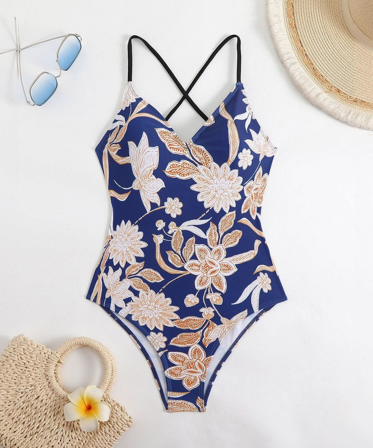 Flattering Black & White Ditsy Floral V-Neck Cross Back One Piece Swimsuit - Your Chic Resort & Vacation Essential