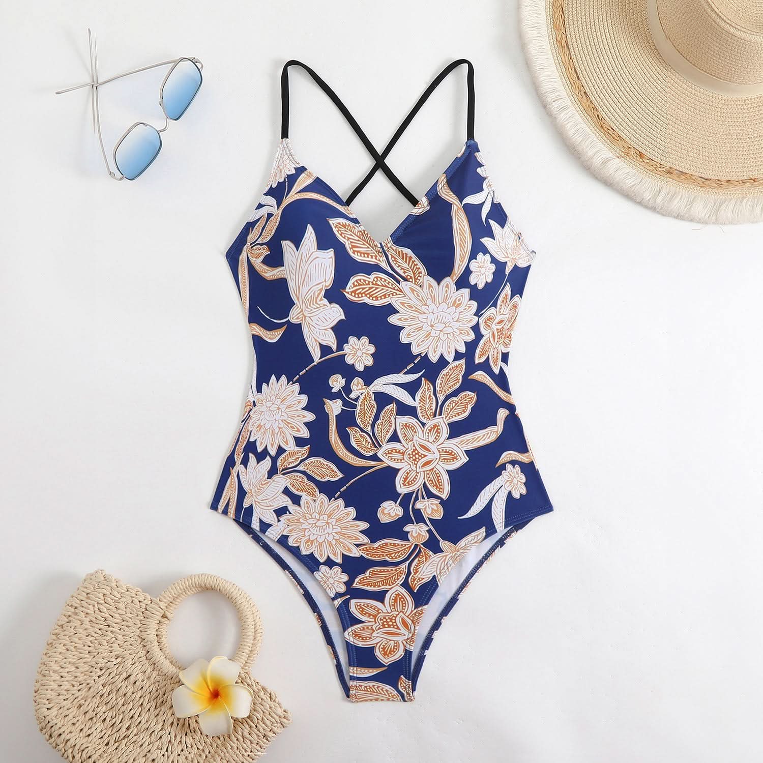 Flattering Black & White Ditsy Floral V-Neck Cross Back One Piece Swimsuit - Your Chic Resort & Vacation Essential