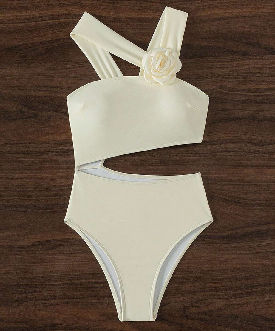 Chic Ivory Floral Cutout One-Piece Swimsuit - Flattering Asymmetrical Design for Your Next Vacation