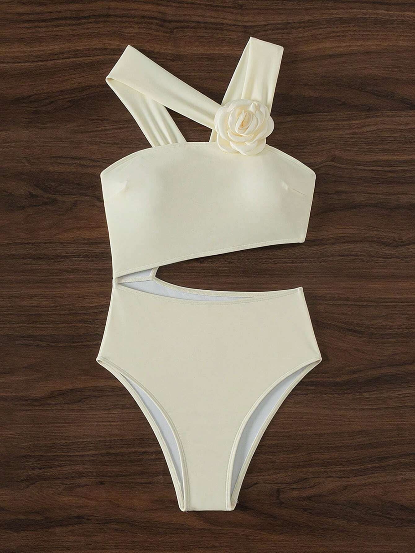 Chic Ivory Floral Cutout One-Piece Swimsuit - Flattering Asymmetrical Design for Your Next Vacation