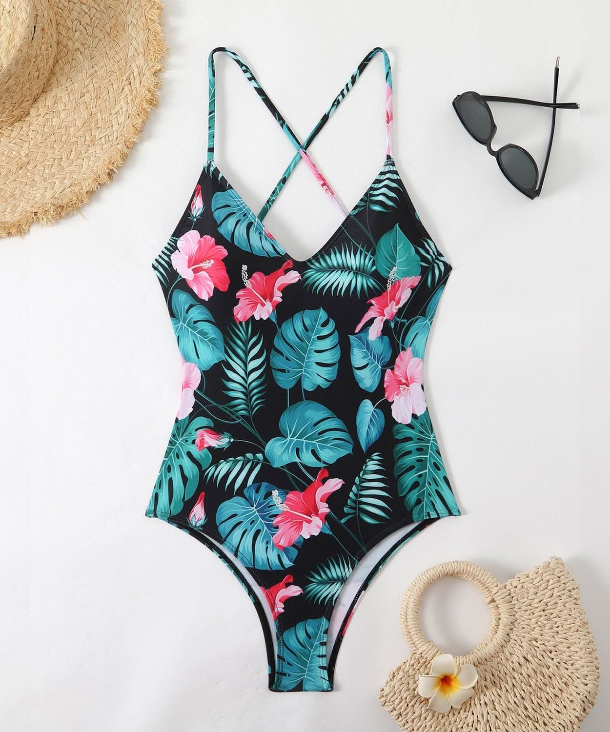 Flattering Black & White Ditsy Floral V-Neck Cross Back One Piece Swimsuit - Your Chic Resort & Vacation Essential