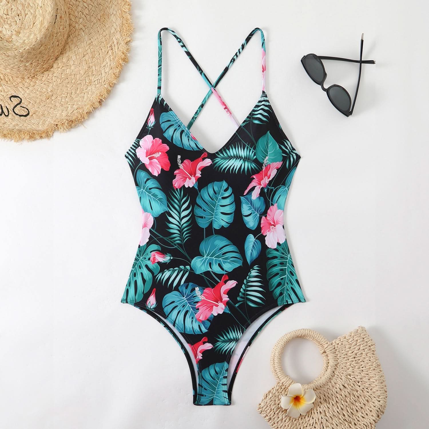 Flattering Black & White Ditsy Floral V-Neck Cross Back One Piece Swimsuit - Your Chic Resort & Vacation Essential