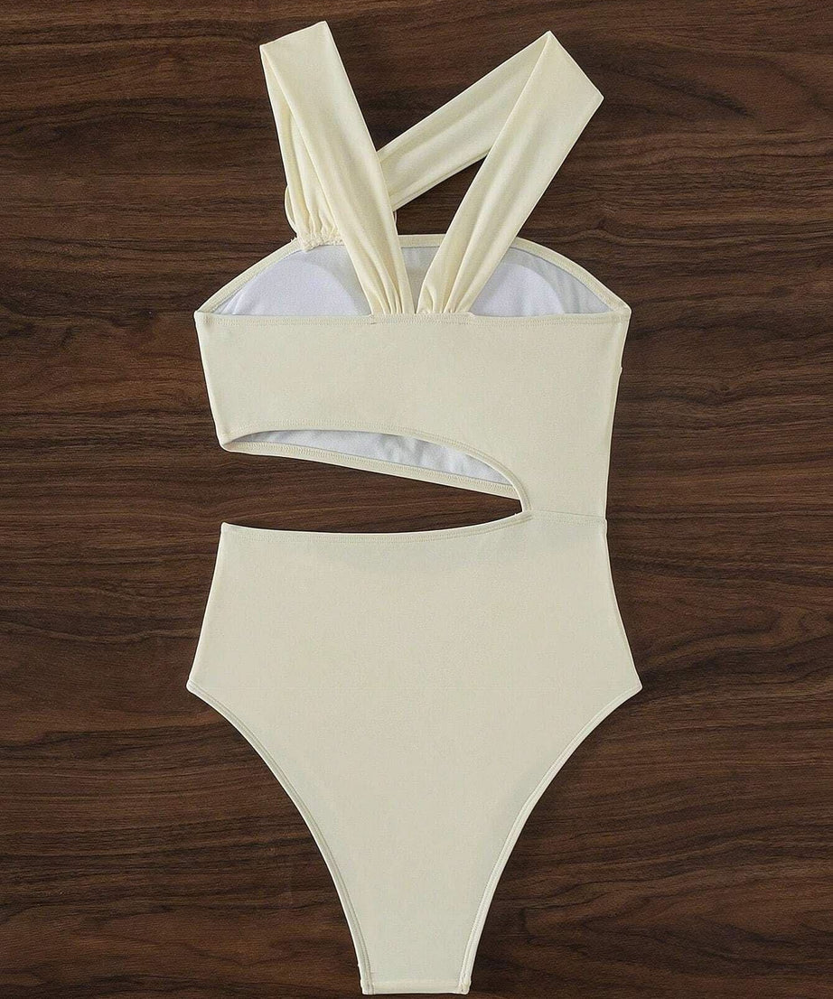Chic Ivory Floral Cutout One-Piece Swimsuit - Flattering Asymmetrical Design for Your Next Vacation