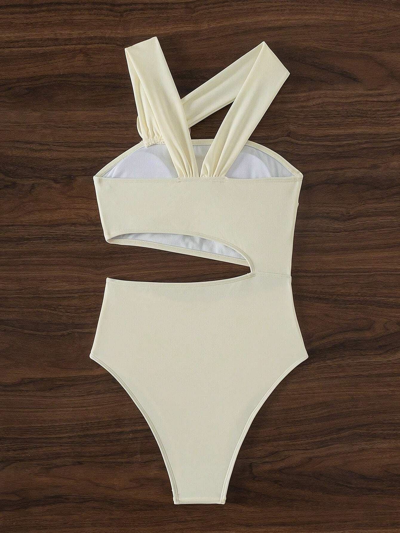 Chic Ivory Floral Cutout One-Piece Swimsuit - Flattering Asymmetrical Design for Your Next Vacation
