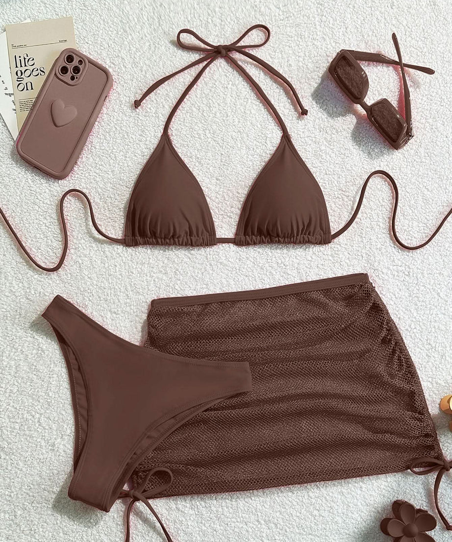 Tropical Escape Essential: Glam Red Halter Bikini & Sheer Ruched Skirt 3-Piece Swimwear Set