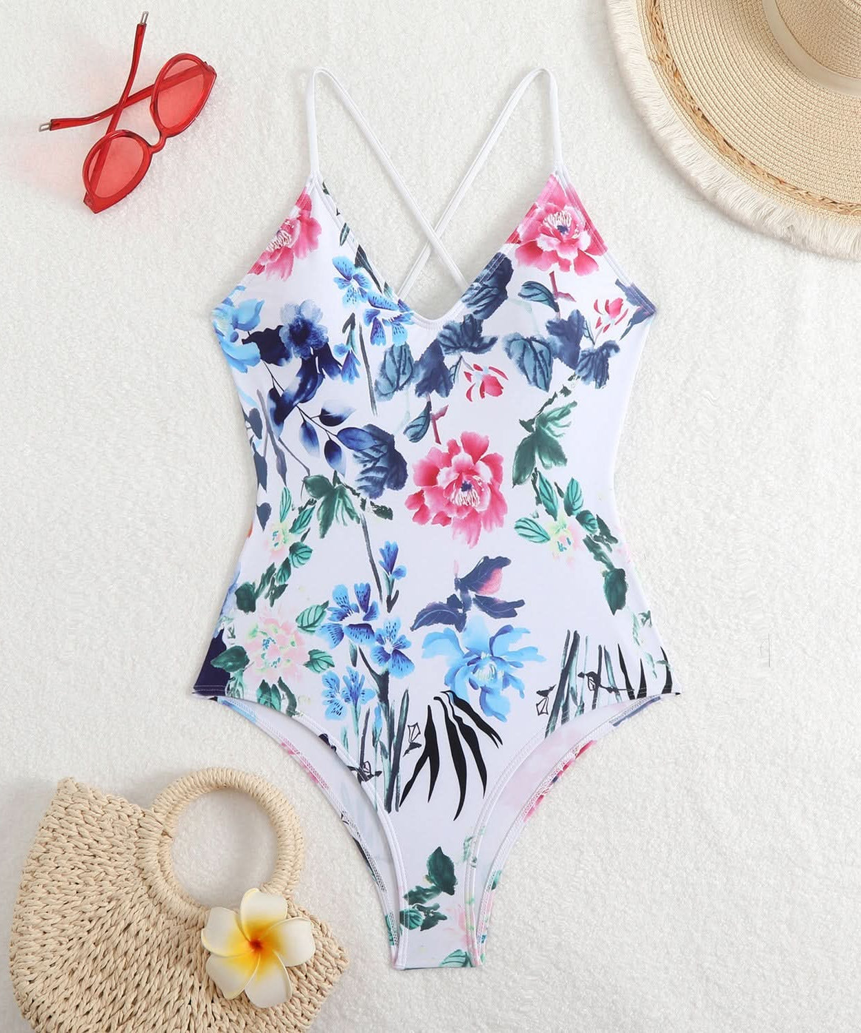 Flattering Black & White Ditsy Floral V-Neck Cross Back One Piece Swimsuit - Your Chic Resort & Vacation Essential