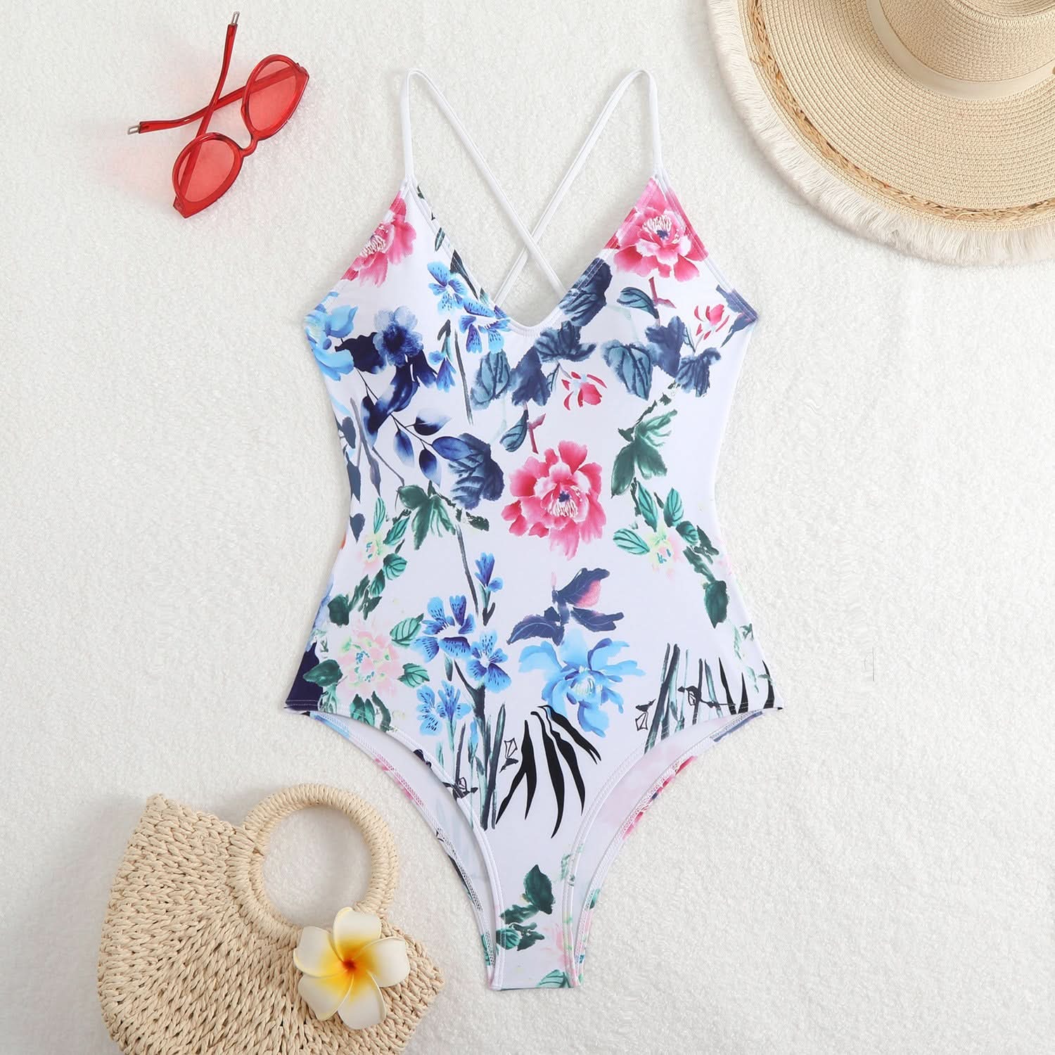 Flattering Black & White Ditsy Floral V-Neck Cross Back One Piece Swimsuit - Your Chic Resort & Vacation Essential