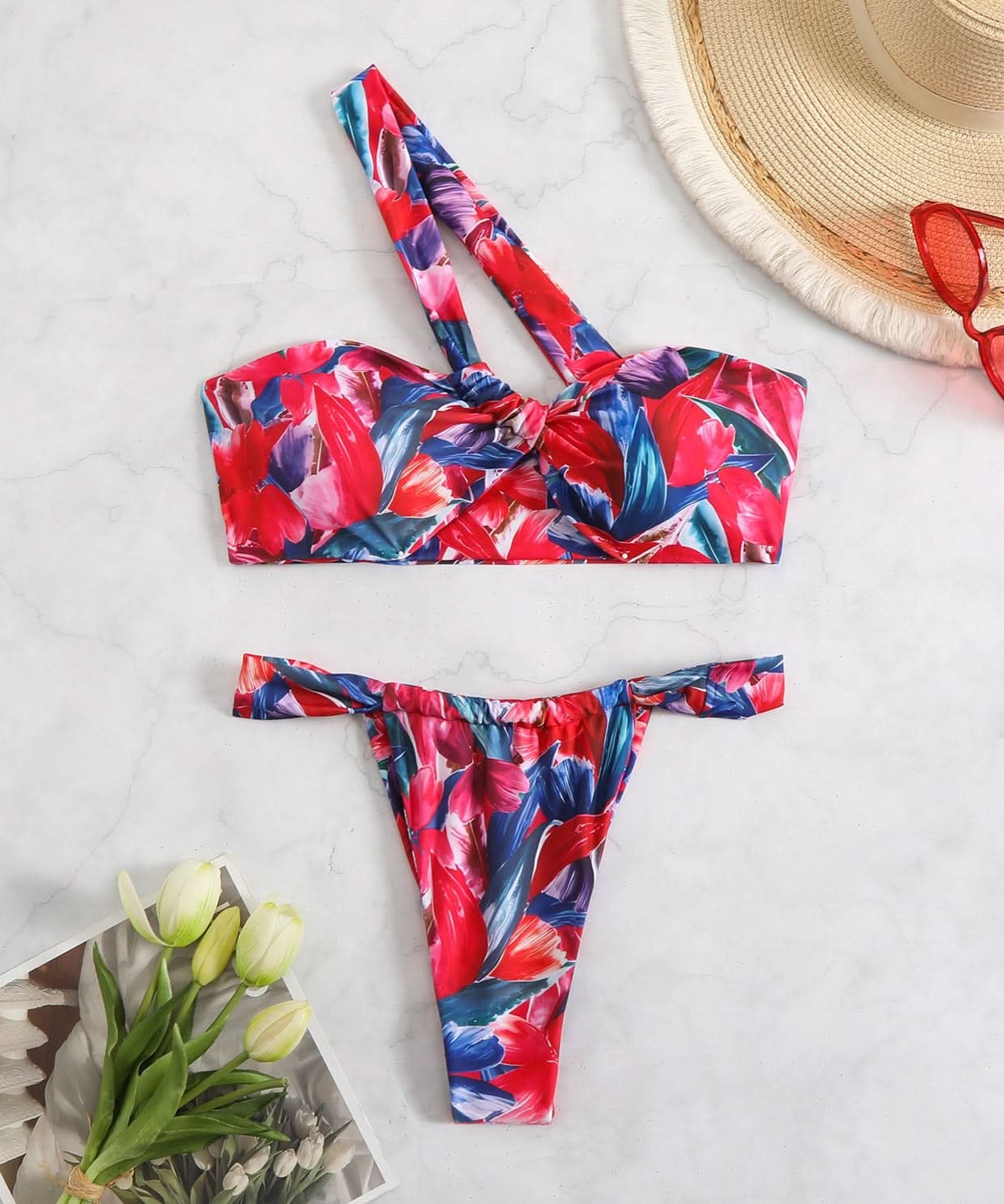Vibrant Floral One-Shoulder Bikini Swimwear - Your Chic Resort & Vacation Essential
