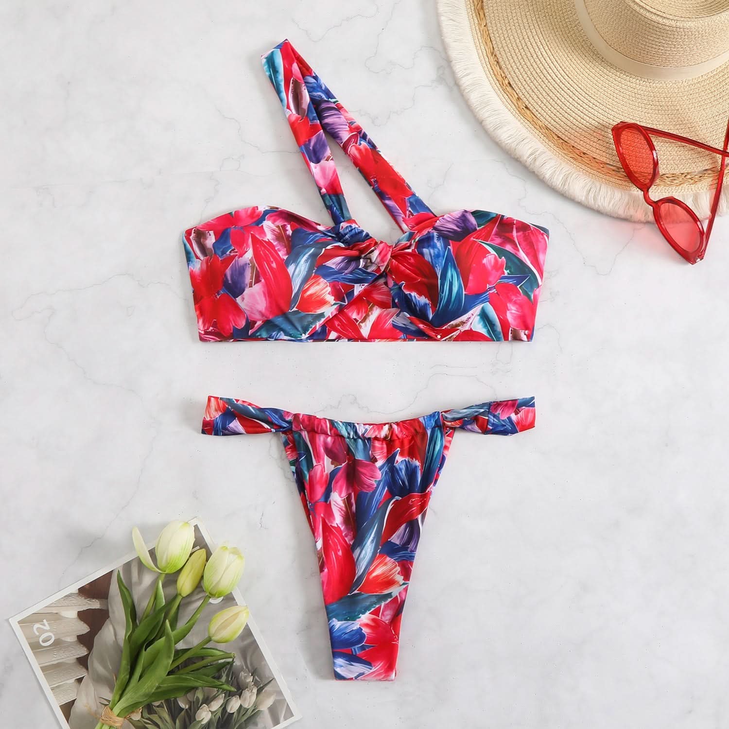 Vibrant Floral One-Shoulder Bikini Swimwear - Your Chic Resort & Vacation Essential