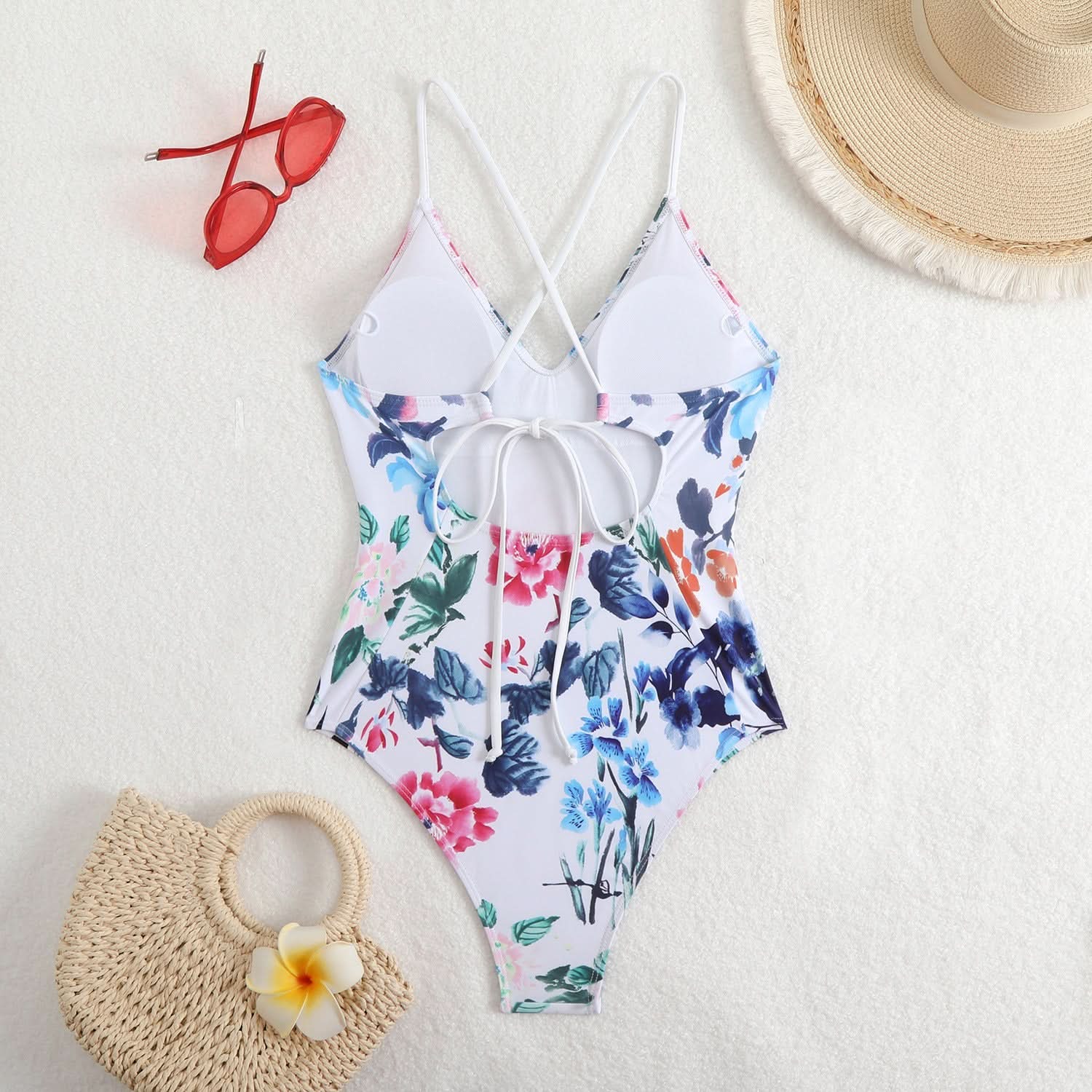 Flattering Black & White Ditsy Floral V-Neck Cross Back One Piece Swimsuit - Your Chic Resort & Vacation Essential