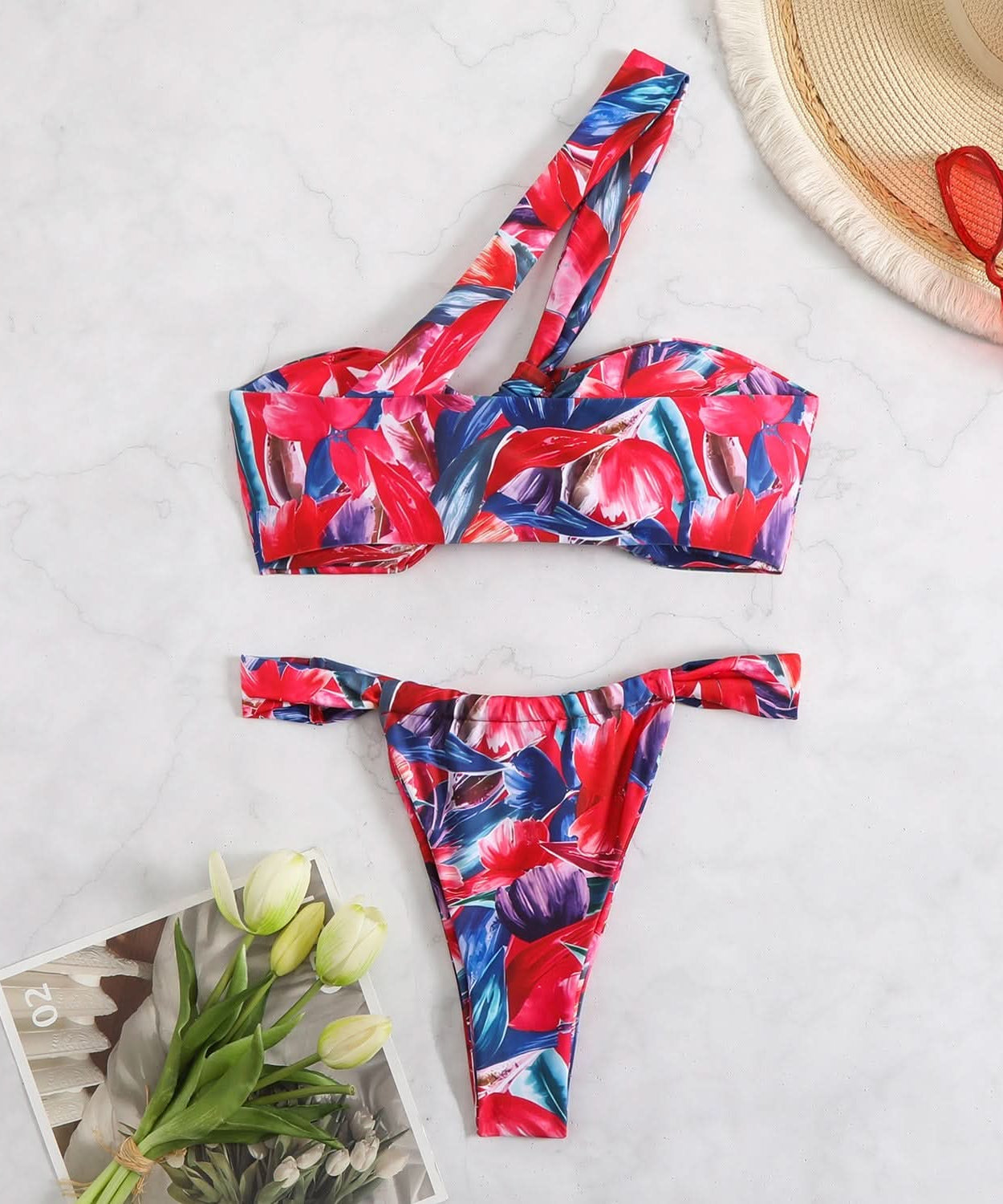Vibrant Floral One-Shoulder Bikini Swimwear - Your Chic Resort & Vacation Essential
