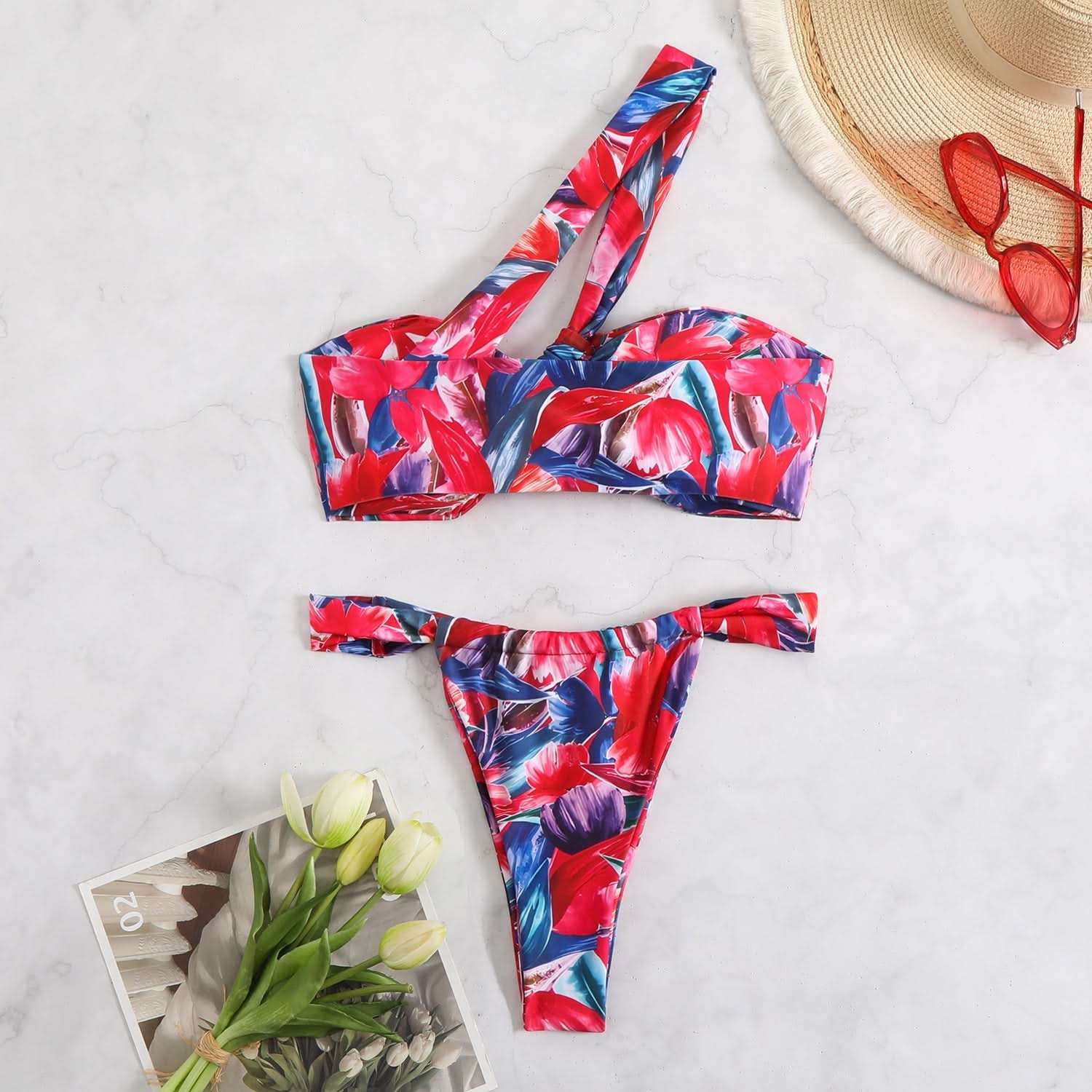 Vibrant Floral One-Shoulder Bikini Swimwear - Your Chic Resort & Vacation Essential