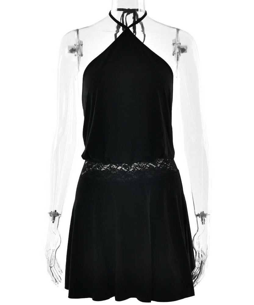 Essential Black Halter Mini Dress with Lace Trim – Perfect for Fall & Holiday Parties