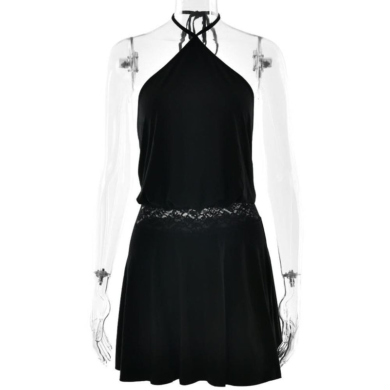 Essential Black Halter Mini Dress with Lace Trim – Perfect for Fall & Holiday Parties