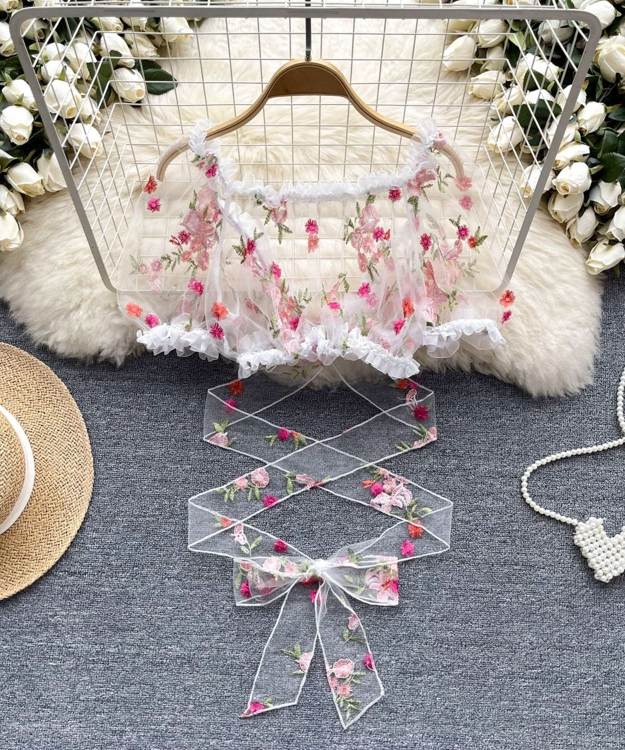 Enchanted Floral Embroidered Puff Sleeve Crop Top | Whimsical Tie-Front Party & Festival Top