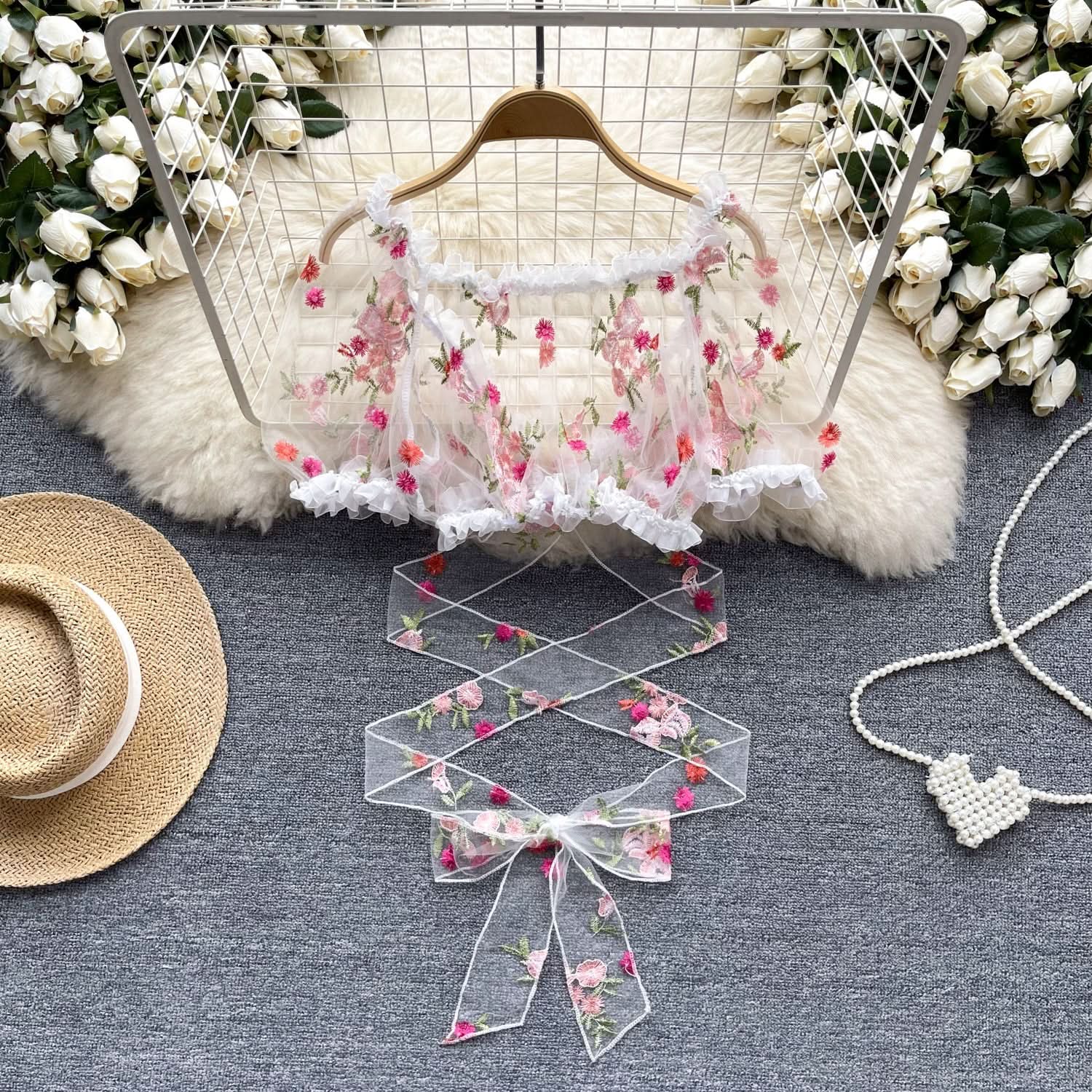 Enchanted Floral Embroidered Puff Sleeve Crop Top | Whimsical Tie-Front Party & Festival Top