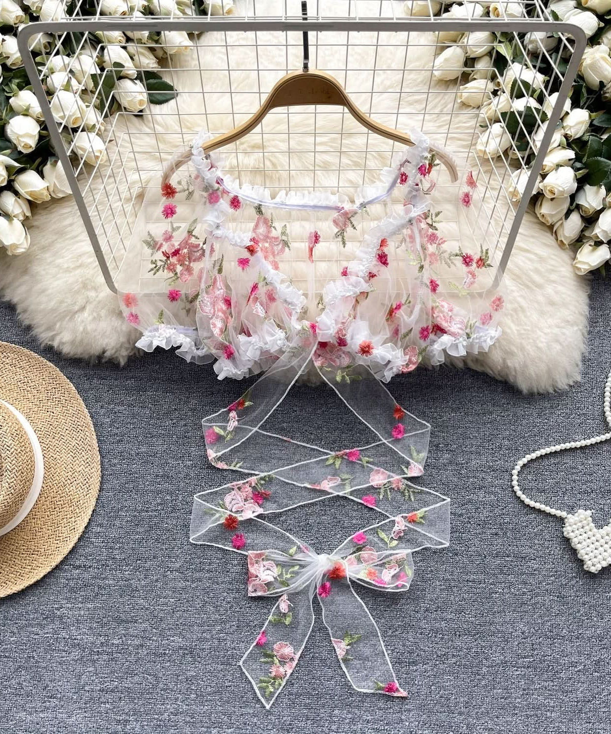 Enchanted Floral Embroidered Puff Sleeve Crop Top | Whimsical Tie-Front Party & Festival Top