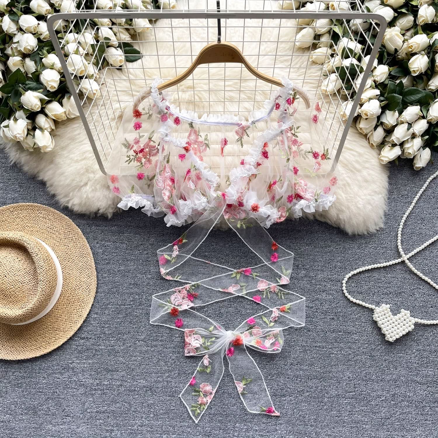 Enchanted Floral Embroidered Puff Sleeve Crop Top | Whimsical Tie-Front Party & Festival Top